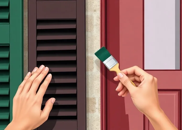 Mise en peinture au pinceau de volets et d'encadrements en bois
