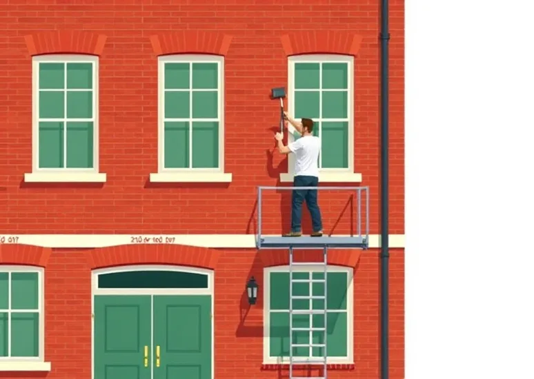 Peintre sur échafaudage traitant la façade d'une maison